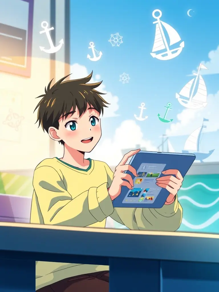 A person posting content to social media, with nautical-themed graphics and engaging captions, illustrating Sailfluence's social media management expertise.