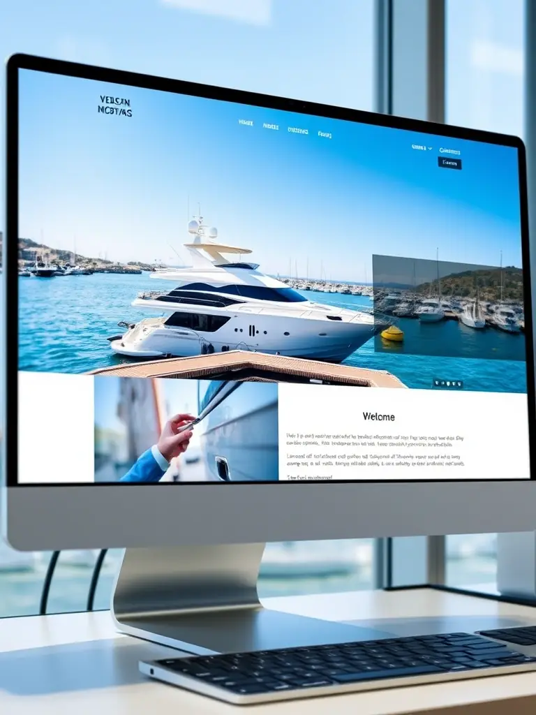 A modern, responsive website design showcasing a luxury yacht against a vibrant marina backdrop, emphasizing user-friendliness and visual appeal for potential clients.